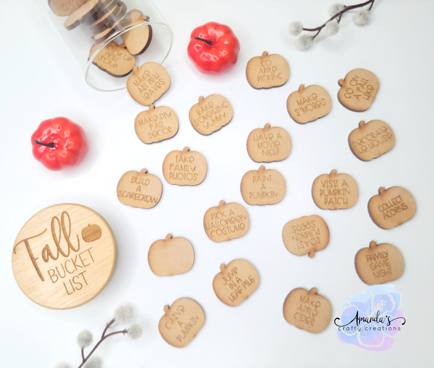 "Fall Bucket List" tokens, laser engraved wood token jar and ideas, Fall, Seasonal