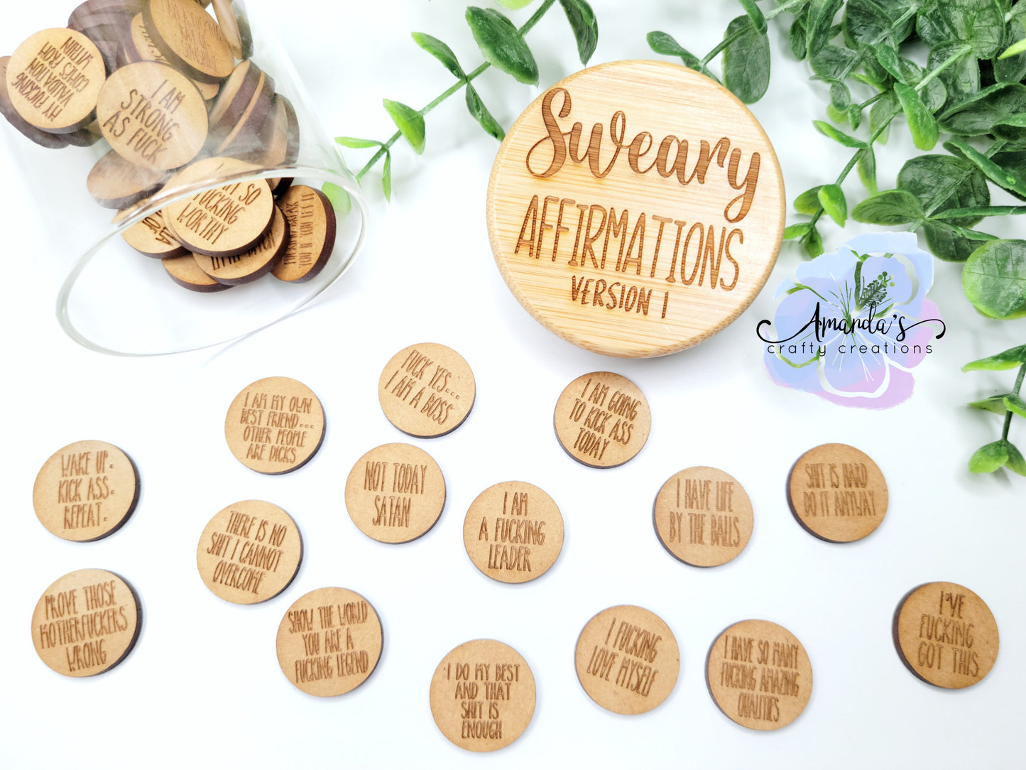 "Sweary Daily Affirmations" tokens, laser engraved wood token jar and ideas, sweary affirmations, gift idea