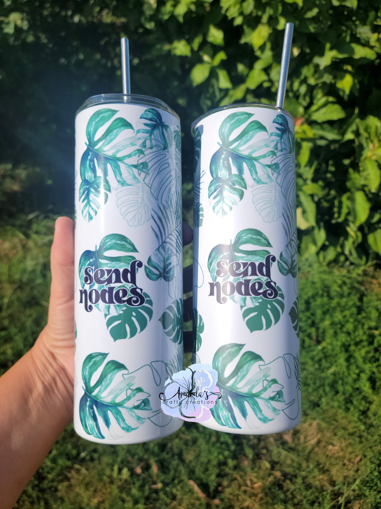 "Send Nodes" 20 oz or 30 oz skinny metal tumbler, leaves, palm leaves, plant lover, metal tumbler with straw