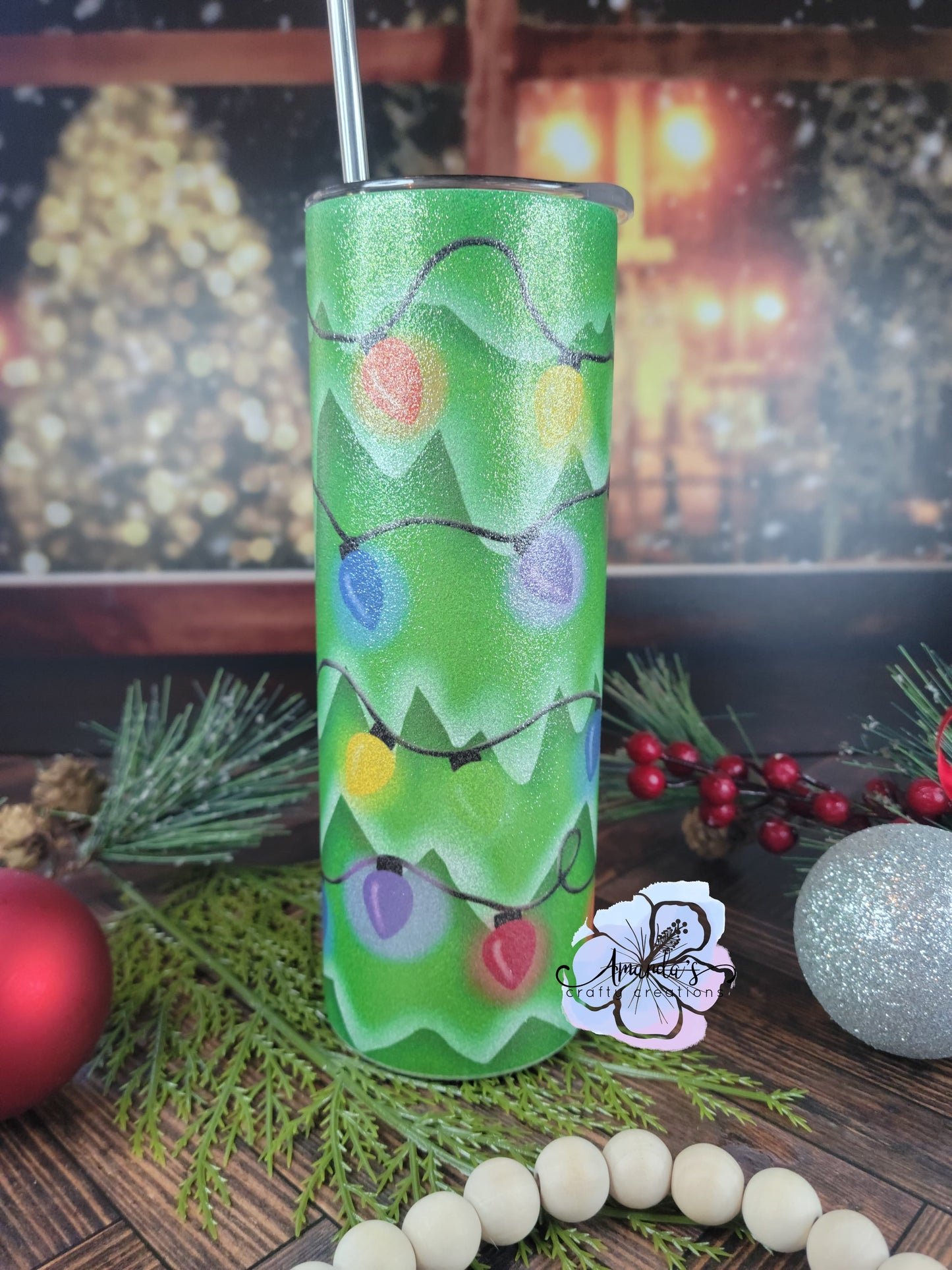 Christmas Tree w/ Lights 20 oz or 30 oz skinny metal tumbler, Christmas Tree, Christmas Lights, Christmas, metal tumbler with straw