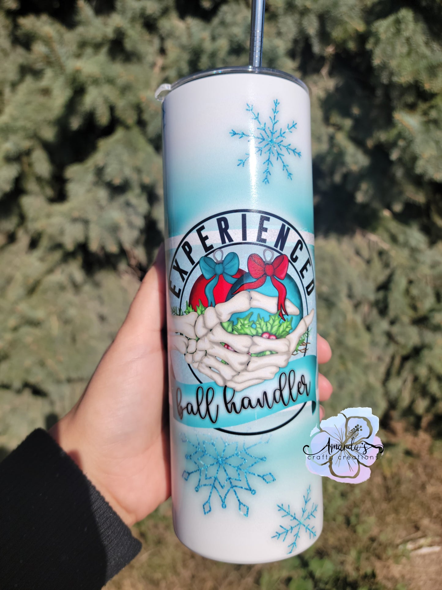 "Experienced Ball Handler" 20 oz or 30 oz skinny metal tumbler, Ball Handler, skeleton hand, Christmas, metal tumbler with straw