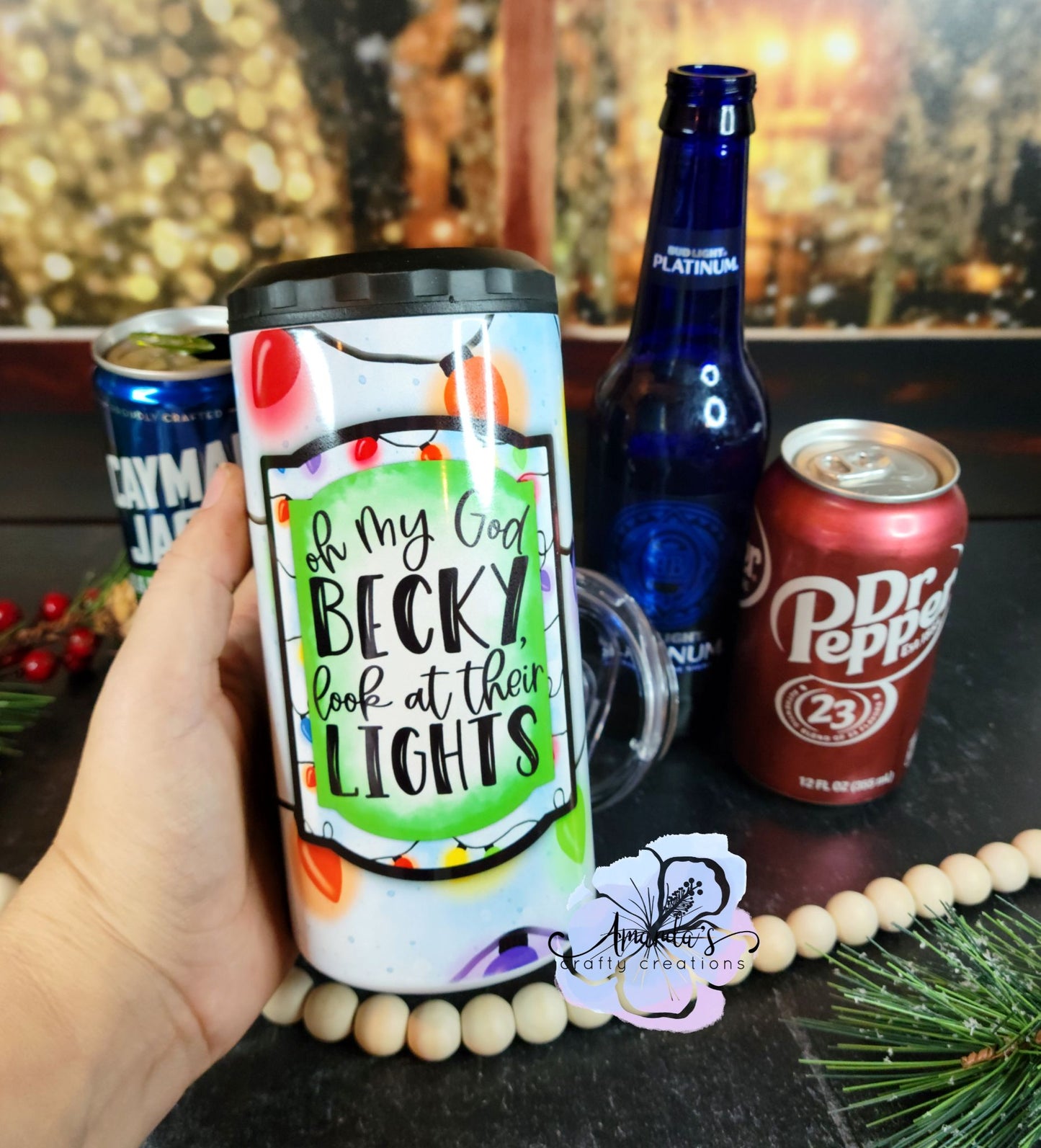 "Oh My God Becky, Look at Their Lights" 4 in 1 Metal can cooler, Christmas 4 in 1 skinny can holder metal, Christmas lights, 4 in 1 skinny can holder metal, metal can coolers