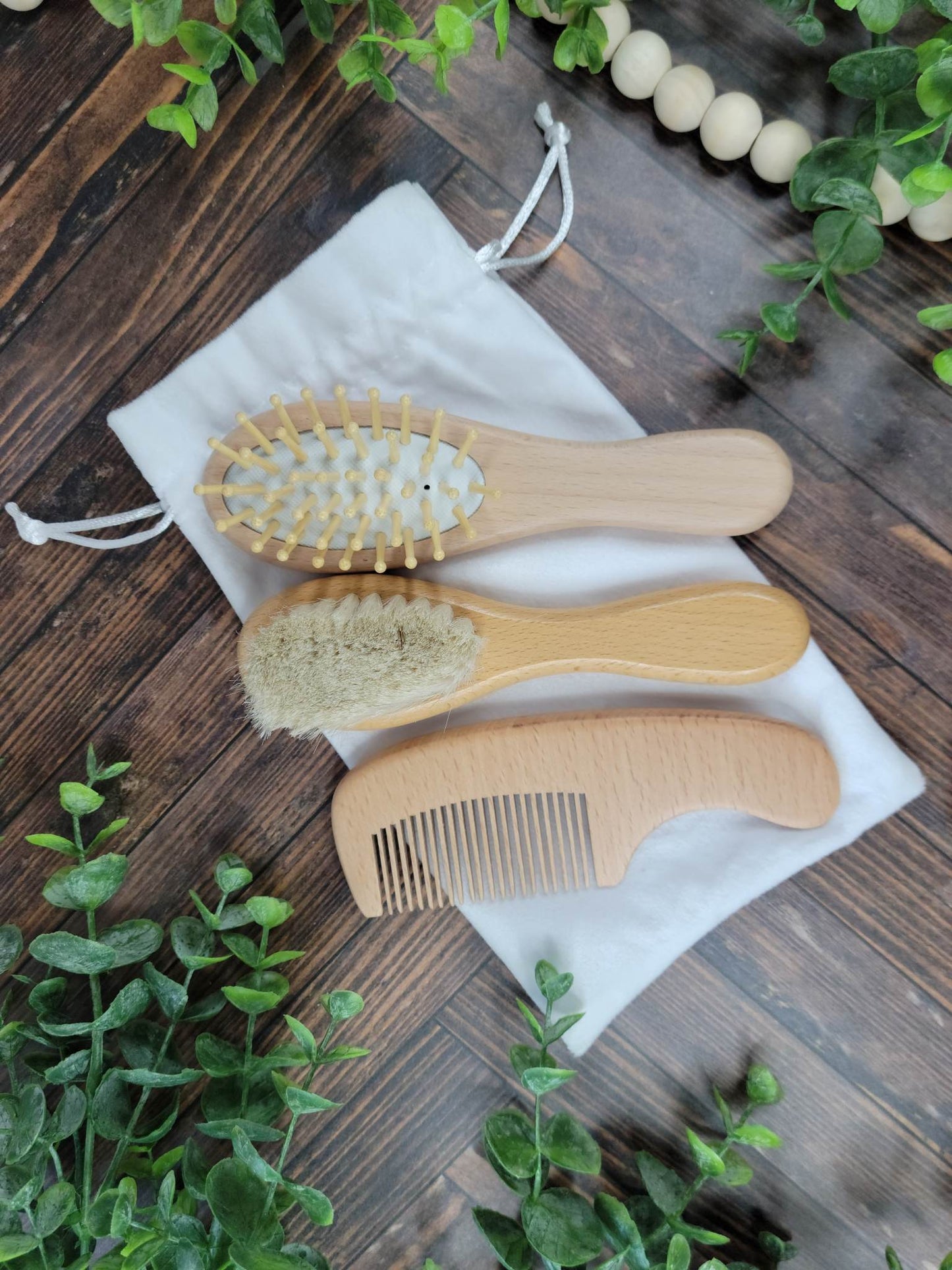 Personalized Wooden baby grooming 4 engraved piece set, soft polyester plush storage bag, beechwood, goat's hair baby brush, beechwood comb, massager, personalized beechwood grooming set