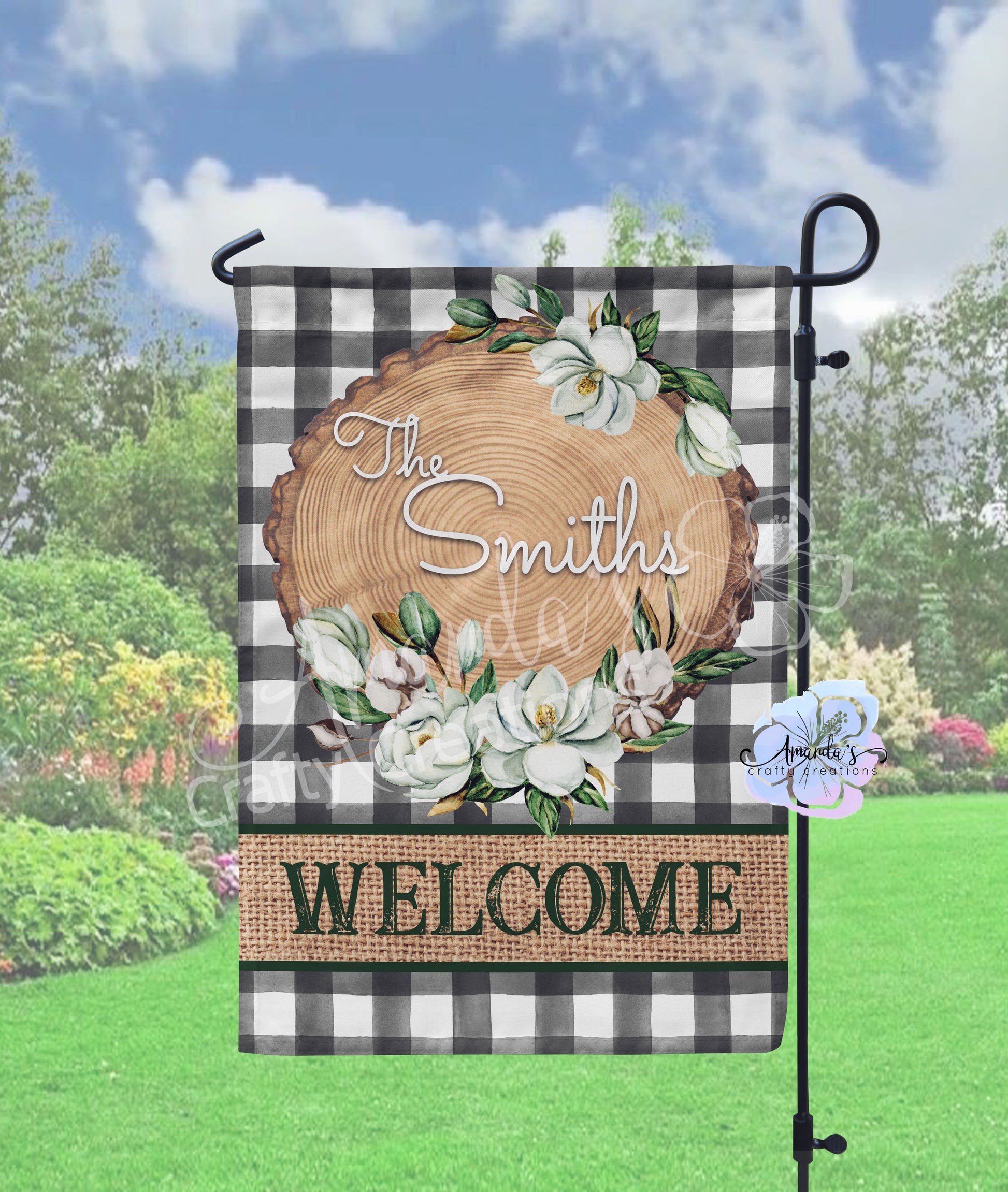 Black and white plaid welcome garden flag customizable