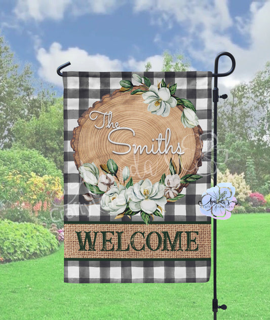 Black and white plaid welcome garden flag customizable