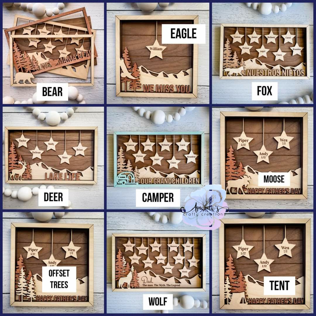 Customizable Family frame with stars, outdoors custom family frame, personalized family decor, mothers day gift, grandma, grandpa, wood family name decor