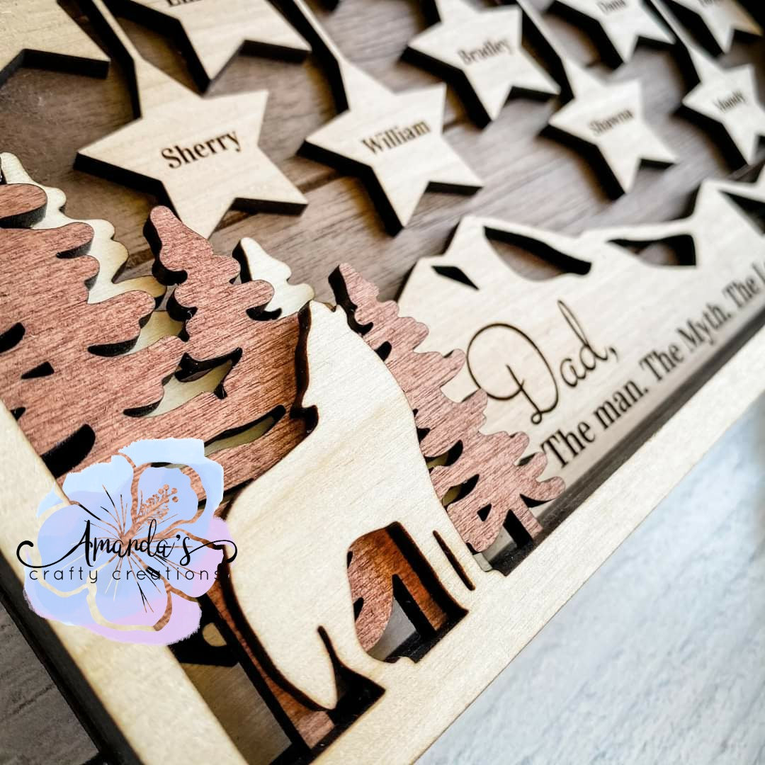 Customizable Family frame with stars, outdoors custom family frame, personalized family decor, mothers day gift, grandma, grandpa, wood family name decor
