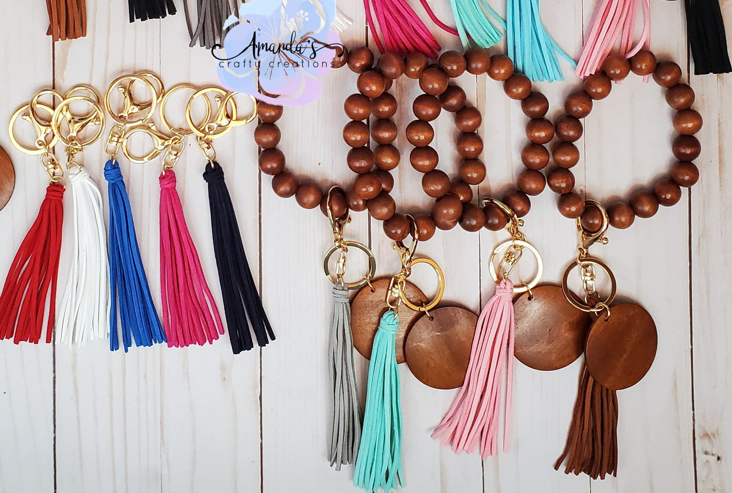 Customizable Wood disc beaded keychain bracelet with tassel