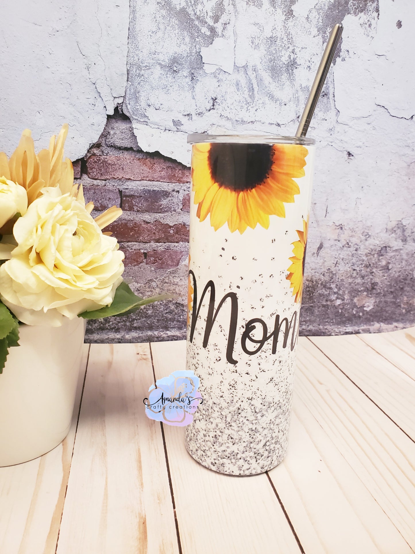 Sunflower and glitter Mom tumbler