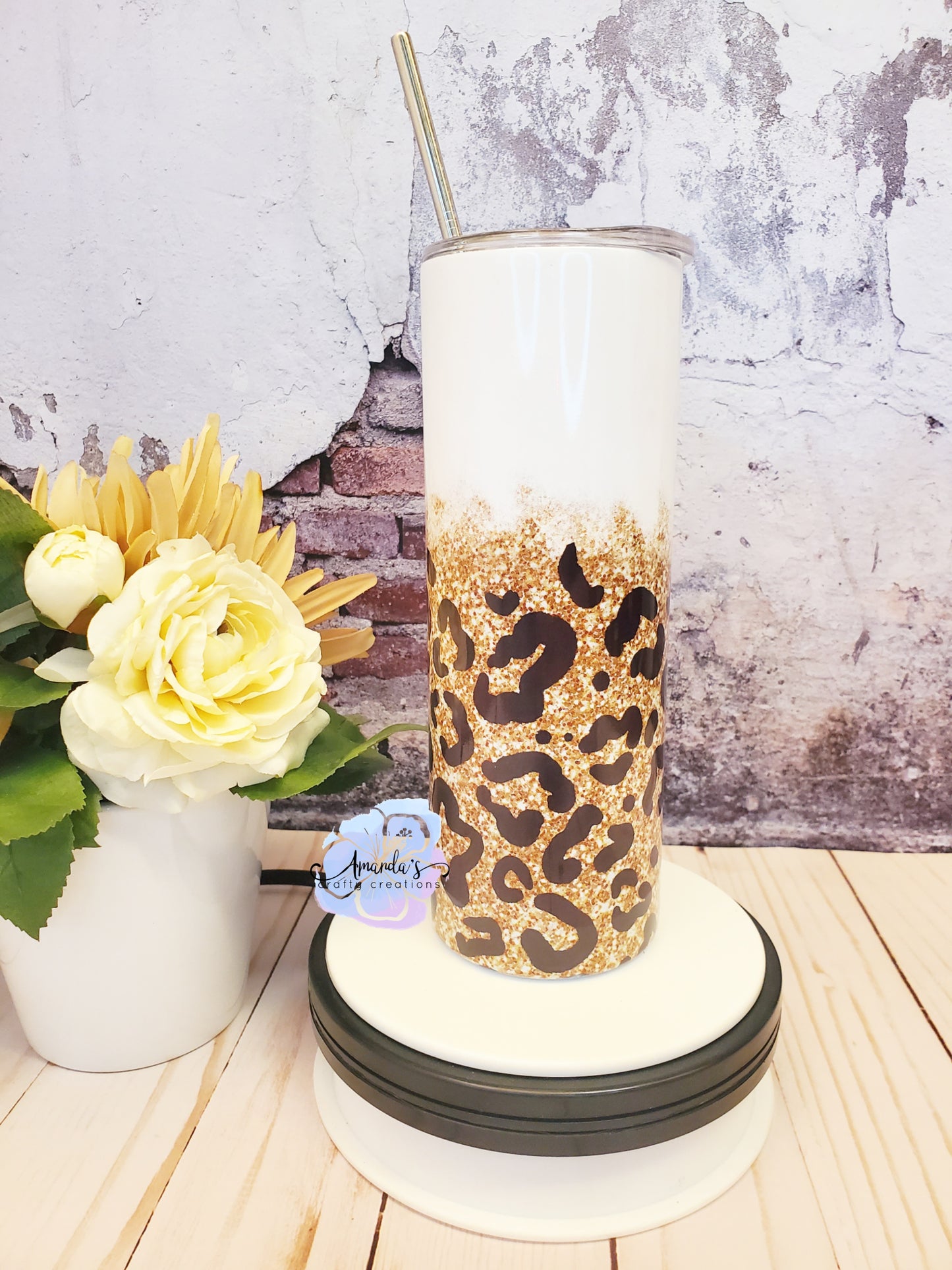 Leopard print glitter tumbler