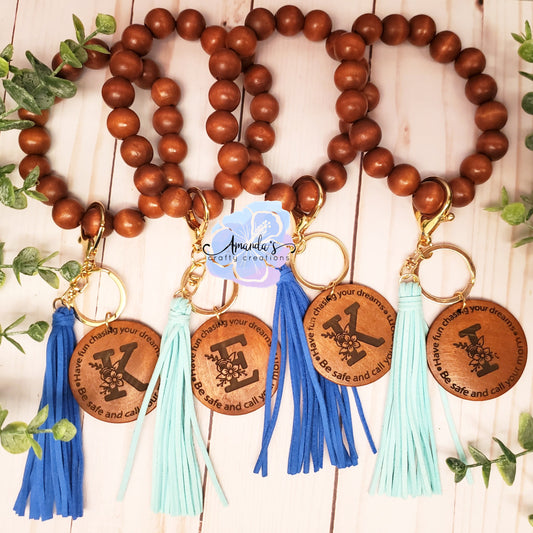 Customizable Wood disc beaded keychain bracelet with tassel