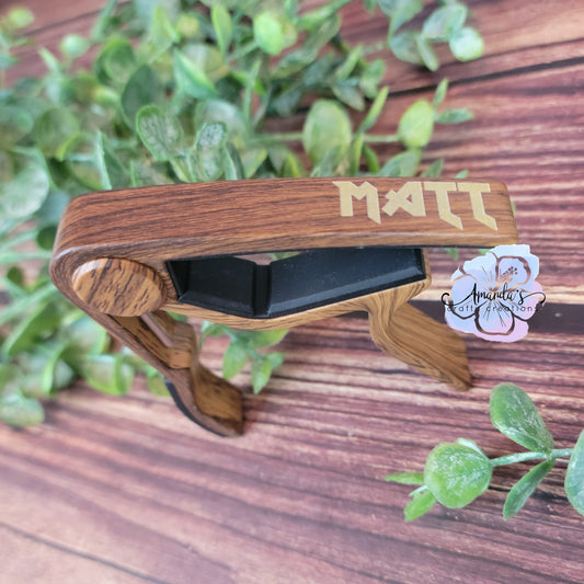"Rosewood Guitar Capo", Faux wood grain look guitar capo, engraved guitar capo, engraved