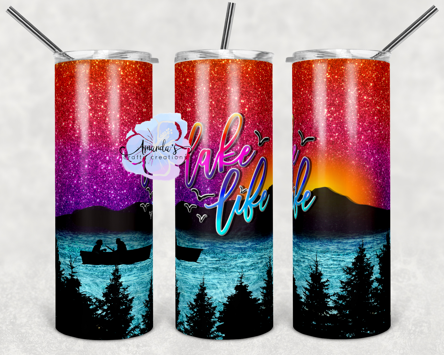 Lake Life tumbler with sunset over lake