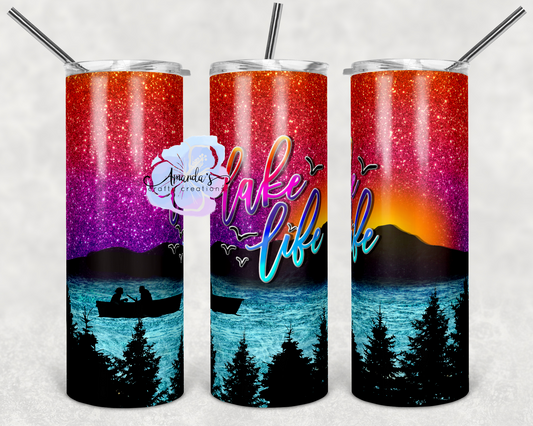 Lake Life tumbler with sunset over lake