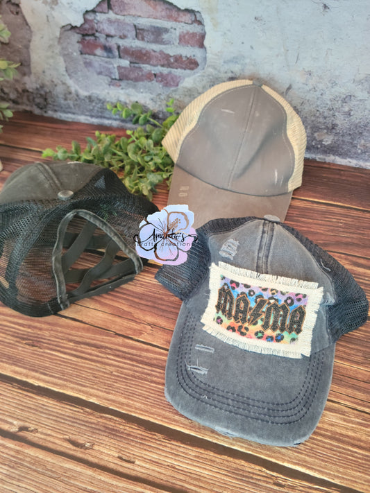 Criss Cross Ponytail/Messy Bun Hat - Vintage Distressed Adjustable Trucker Hat with Frayed Patch Design