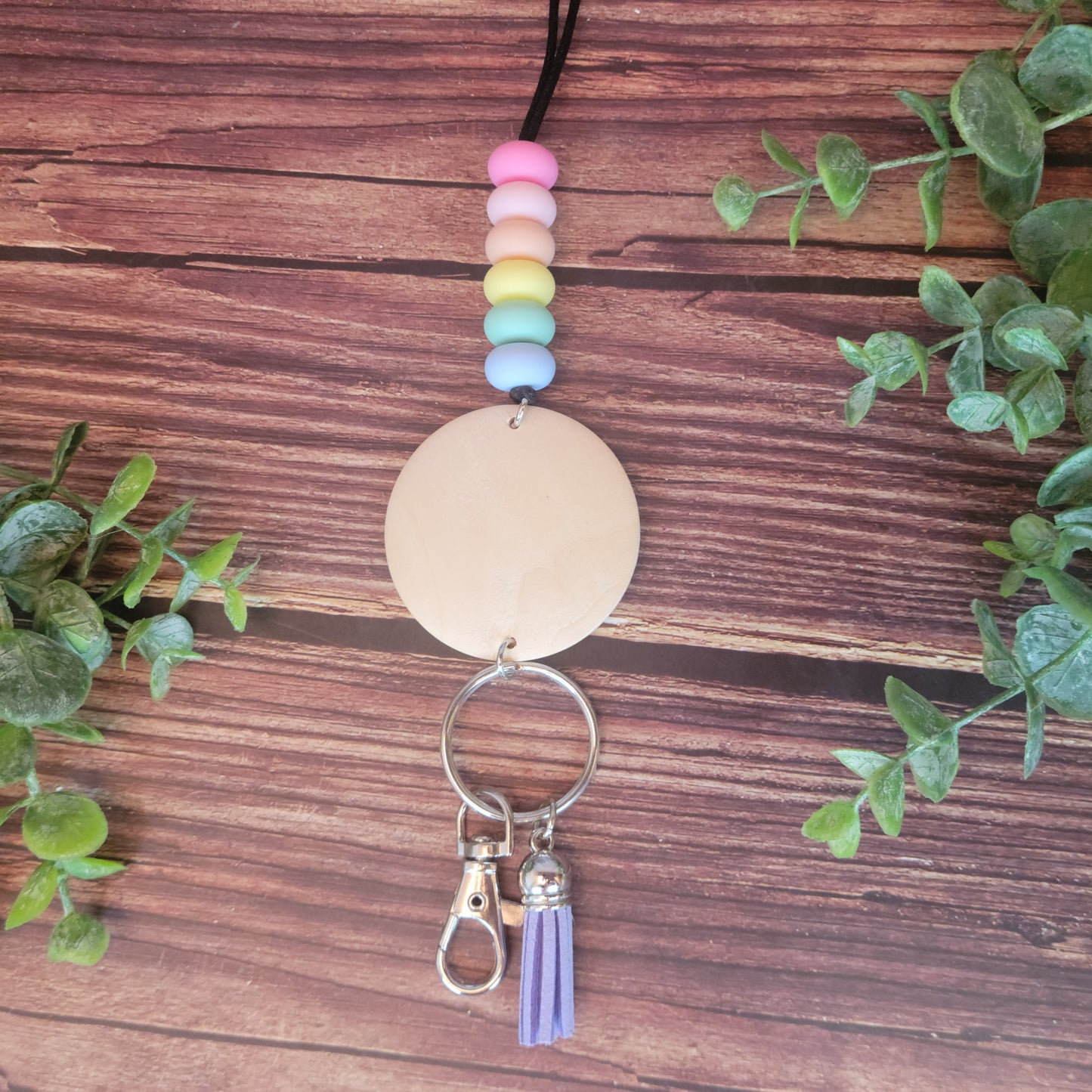 Customizable Silicone beaded lanyard with wood disc, engraved wood disc, keychain, keys, silicone beads