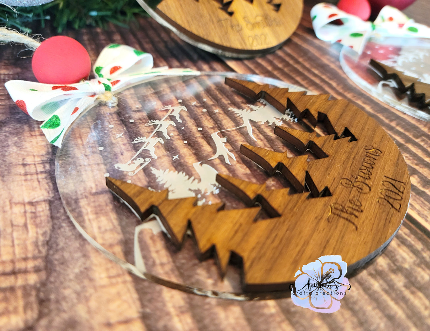 Customizable Personalized wood and acrylic ornament, rustic mountain, Santa's sleigh, family ornament, Christmas eve night