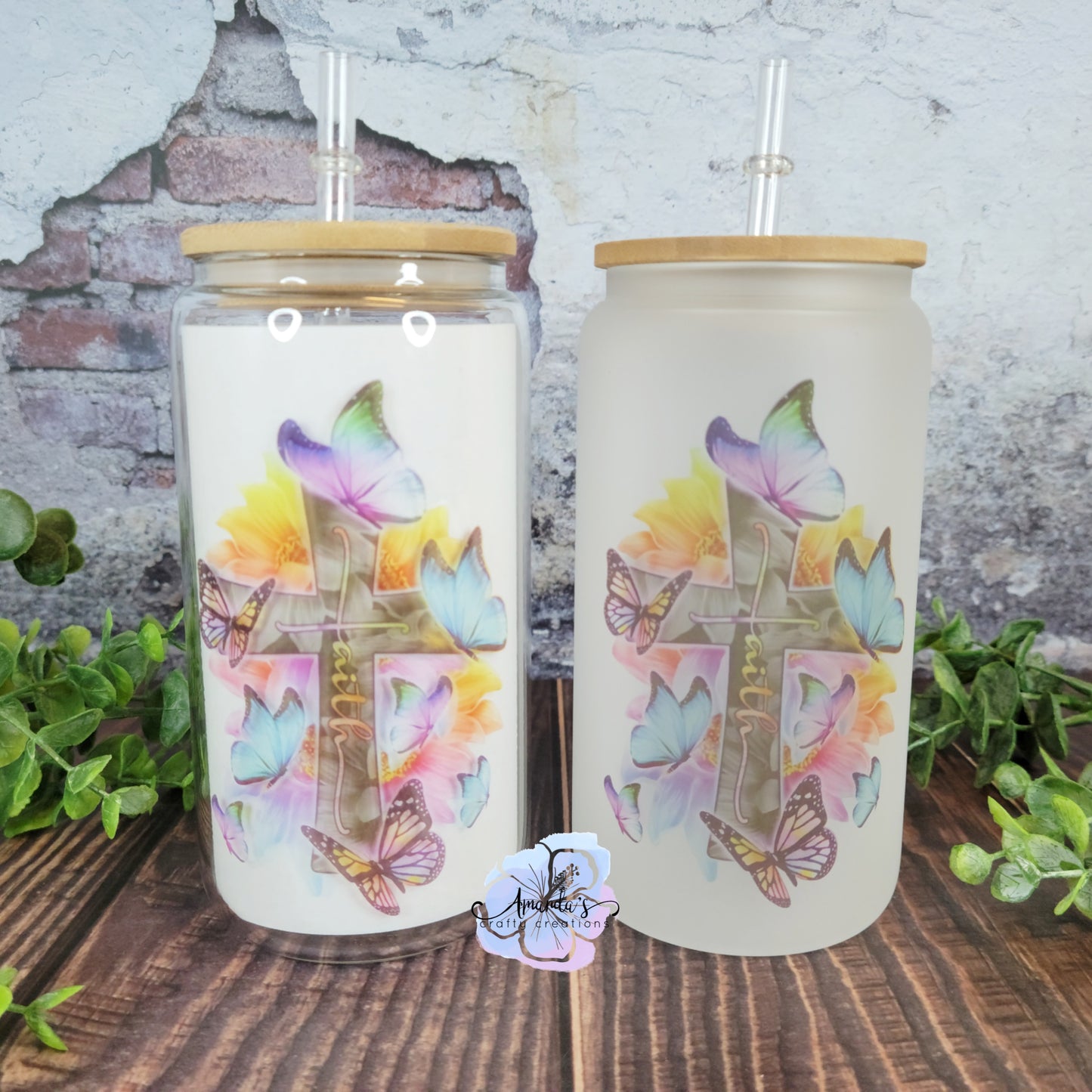 "Faith" 16 oz glass can cup, beer can cup, clear or frosted, glass can beer cup with bamboo lid and plastic straw