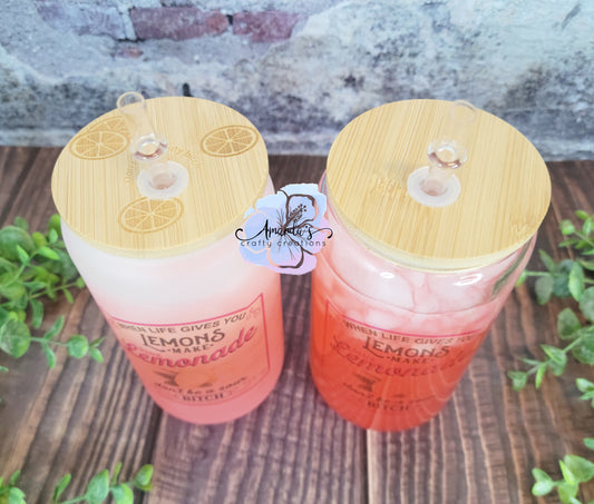 "Lemonade" 16 oz glass can cup, beer can cup, clear or frosted, glass can beer cup with bamboo lid and plastic straw