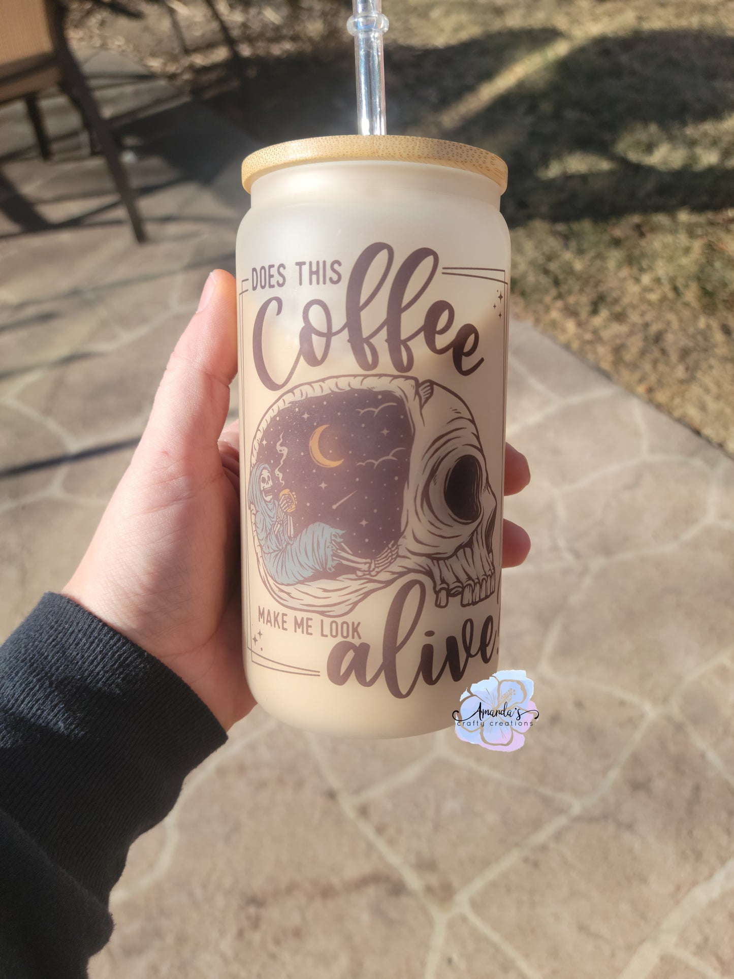 "Does this Coffee Make me Look Alive?" 16 oz glass can cup, beer can cup, clear or frosted, glass can beer cup with bamboo lid and plastic straw