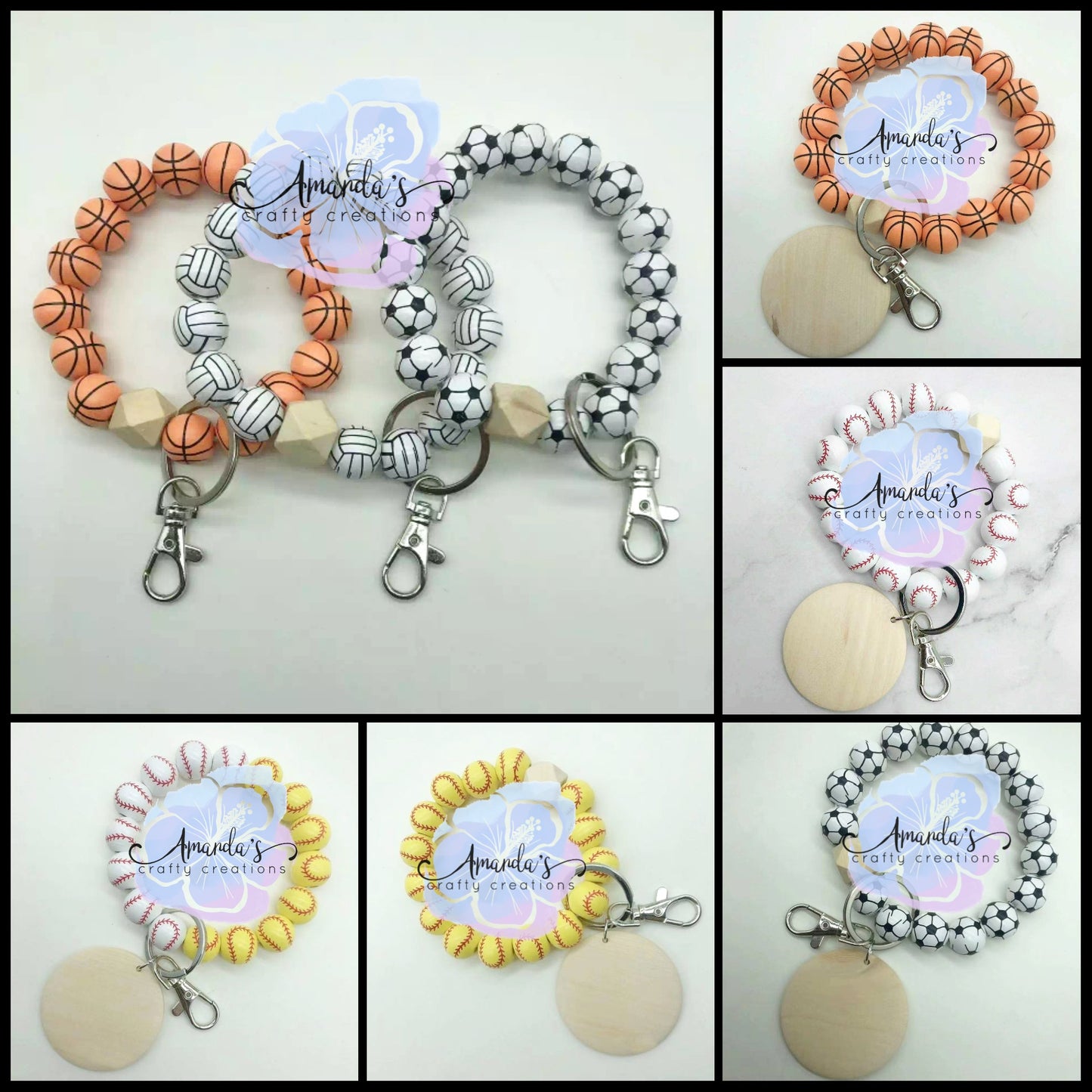 Customizable Sports wood beaded wristlet with wood disc, basketball, volleyball, soccer, baseball, softball bracelet