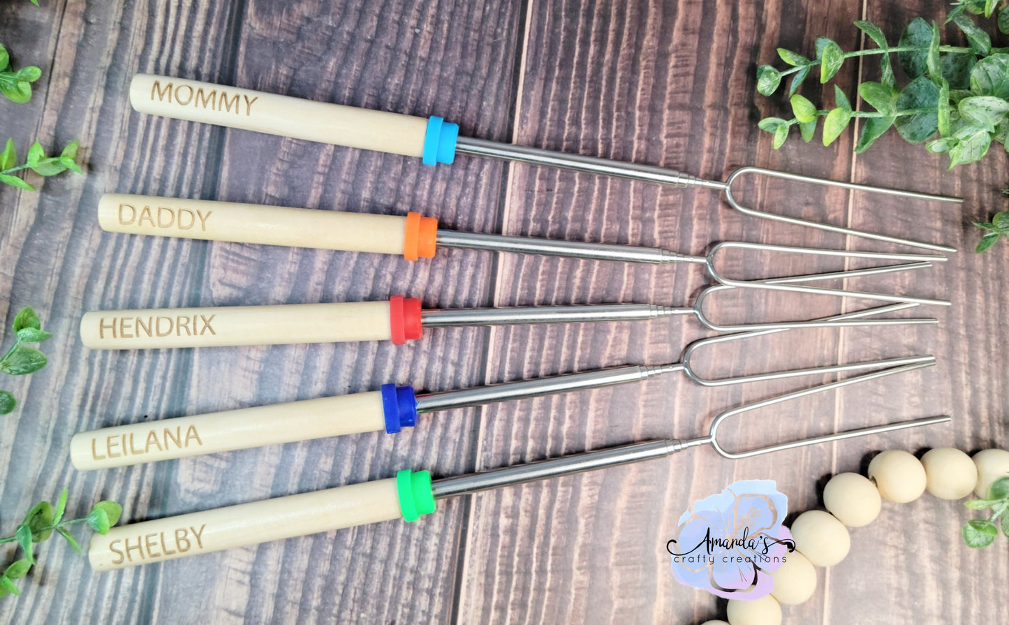 Customizable Engraved Smore sticks, personalized engraved s'more sticks, extendable camp fire sticks, 2 prong, telescoping, marshmallow roaster stick