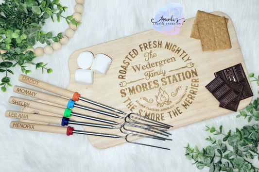 Customizable Engraved Smore sticks, personalized engraved s'more sticks, extendable camp fire sticks, 2 prong, telescoping, marshmallow roaster stick