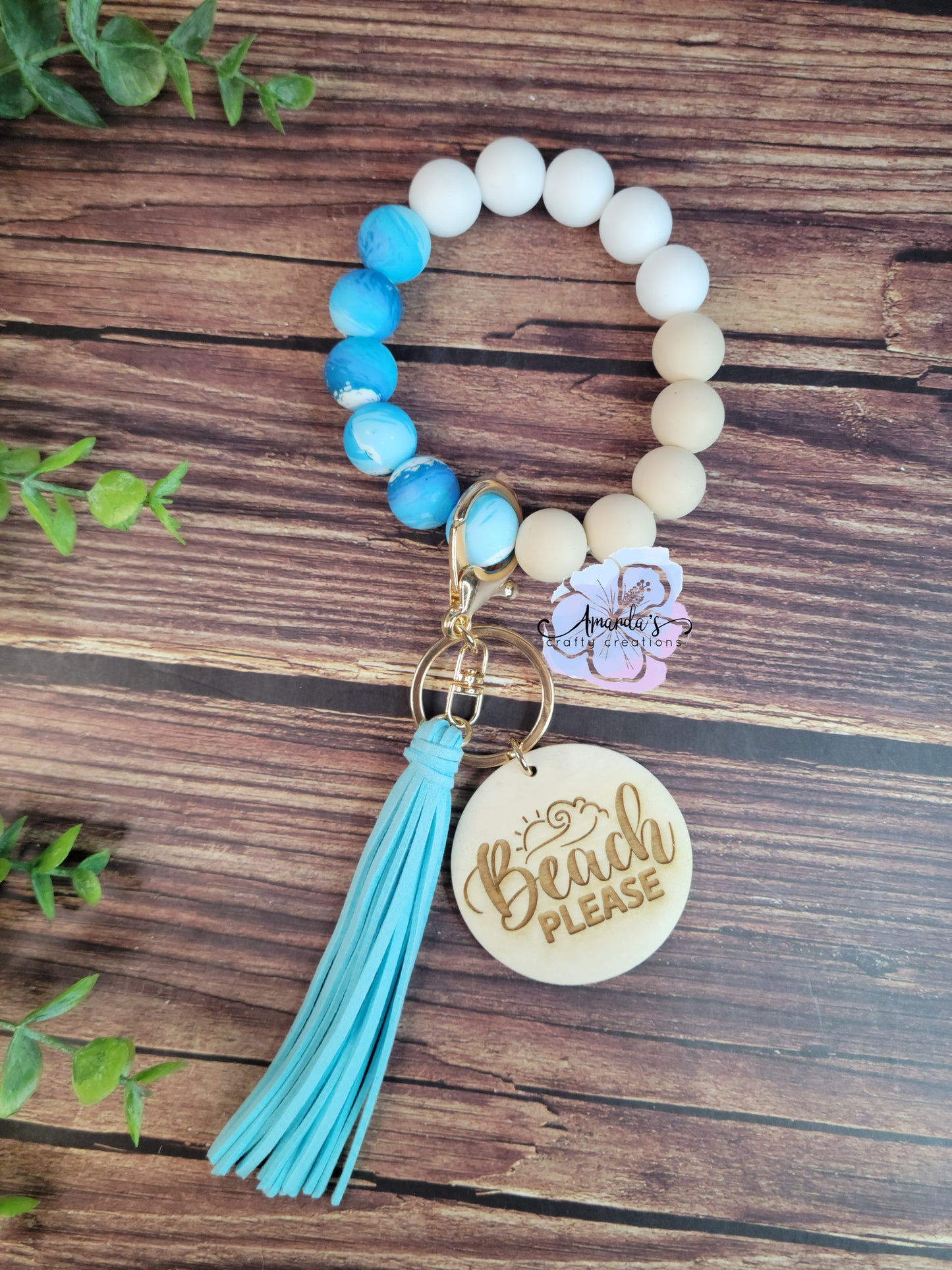 Beach please blue and white keychain on silicone wristlet