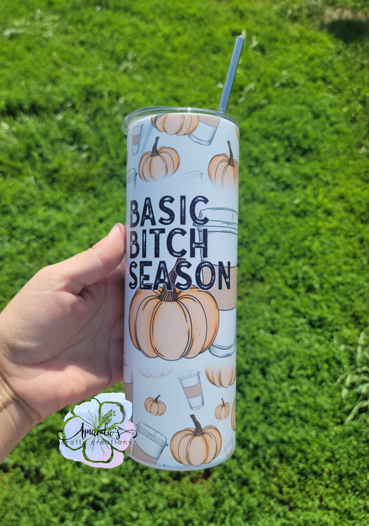 "Basic Bitch" 20 oz or 30 oz Tumbler - Stainless Steel Pumpkin Tumbler, Fall-Themed Metal Tumbler with Straw