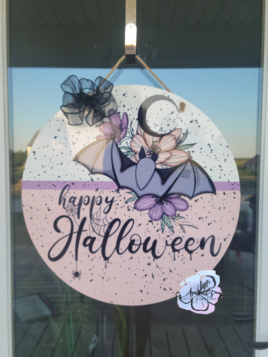 "Happy Halloween" Bat and Flowers Door Hanger, Bat and Flowers door hanger, Happy Halloween, Halloween, Bat, Round door hanger