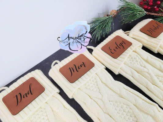 Cable Knit Christmas Stocking, Personalized Engraved Leather patch, custom family stockings for Christmas, 3 colors