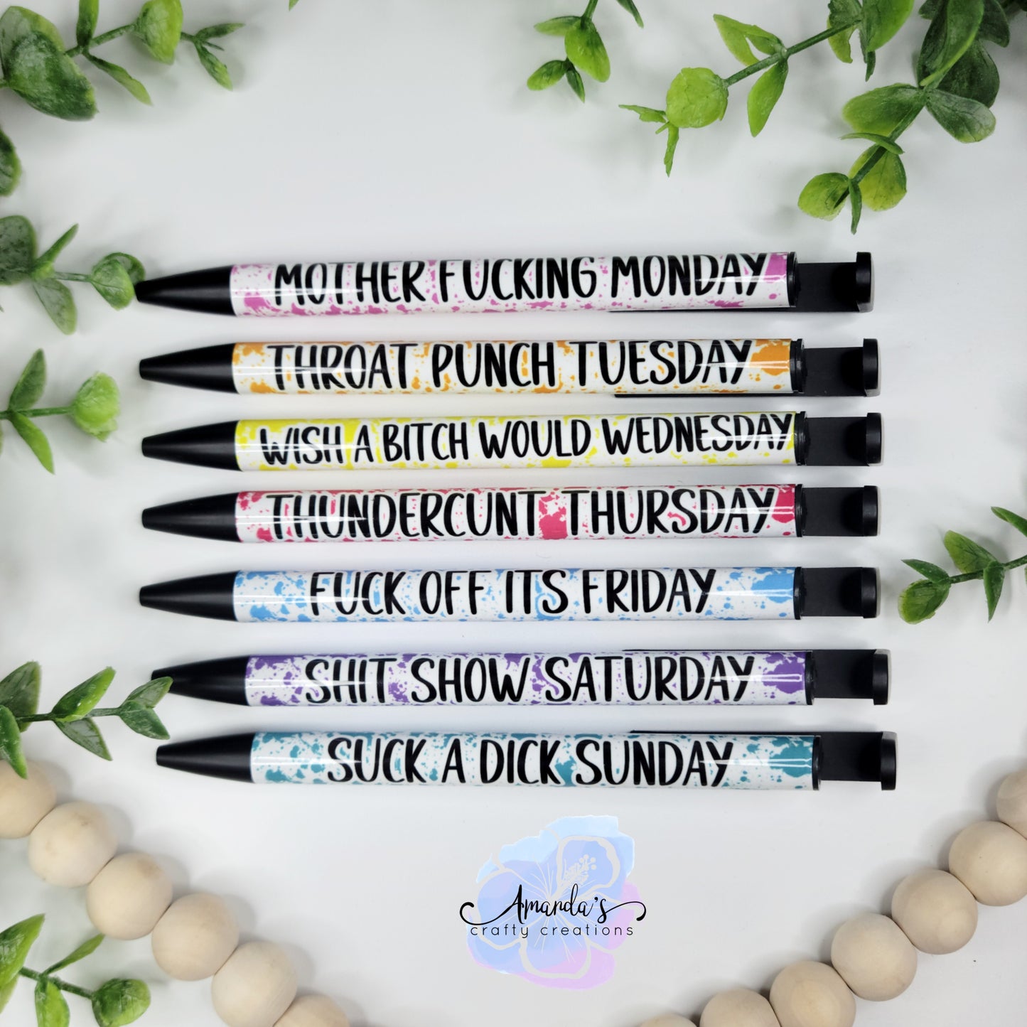 Days of the Week Metal Pens, Funny Mature Adult Humor Black Ink Metal Writing Pens, Set of 7 pens
