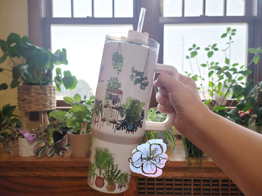 "Crazy Plant Lady" 40oz Metal Tumbler with Handle and Straw - Plant Lover's Extra Large Tumbler