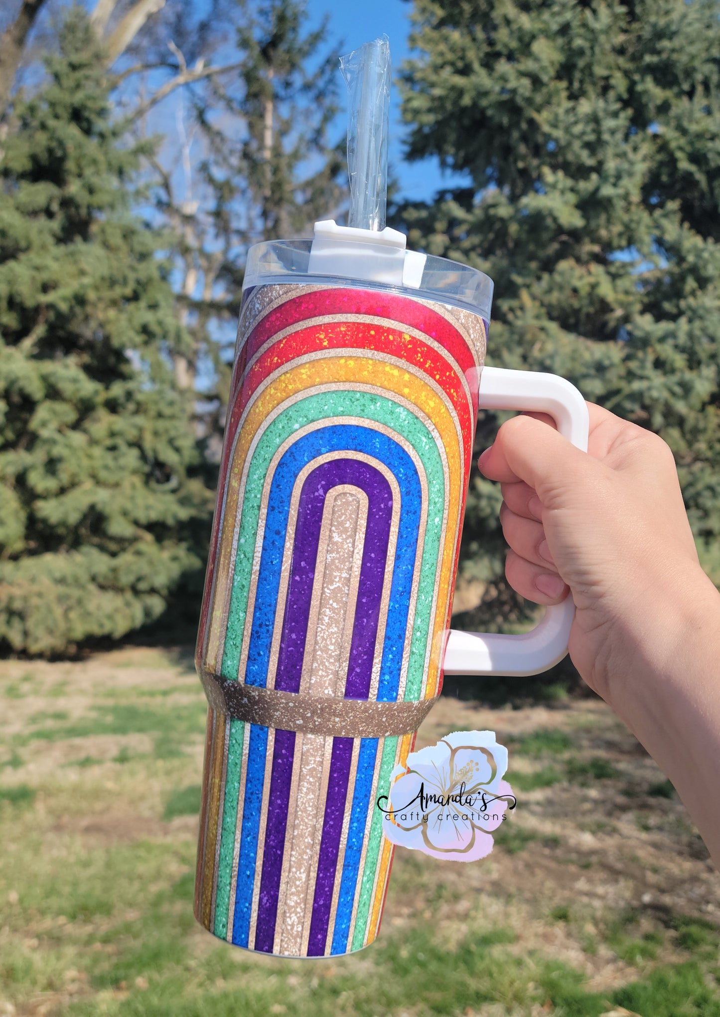 "Rainbow" tumbler, 40 oz metal tumbler with handle, rainbow, metal tumbler with straw