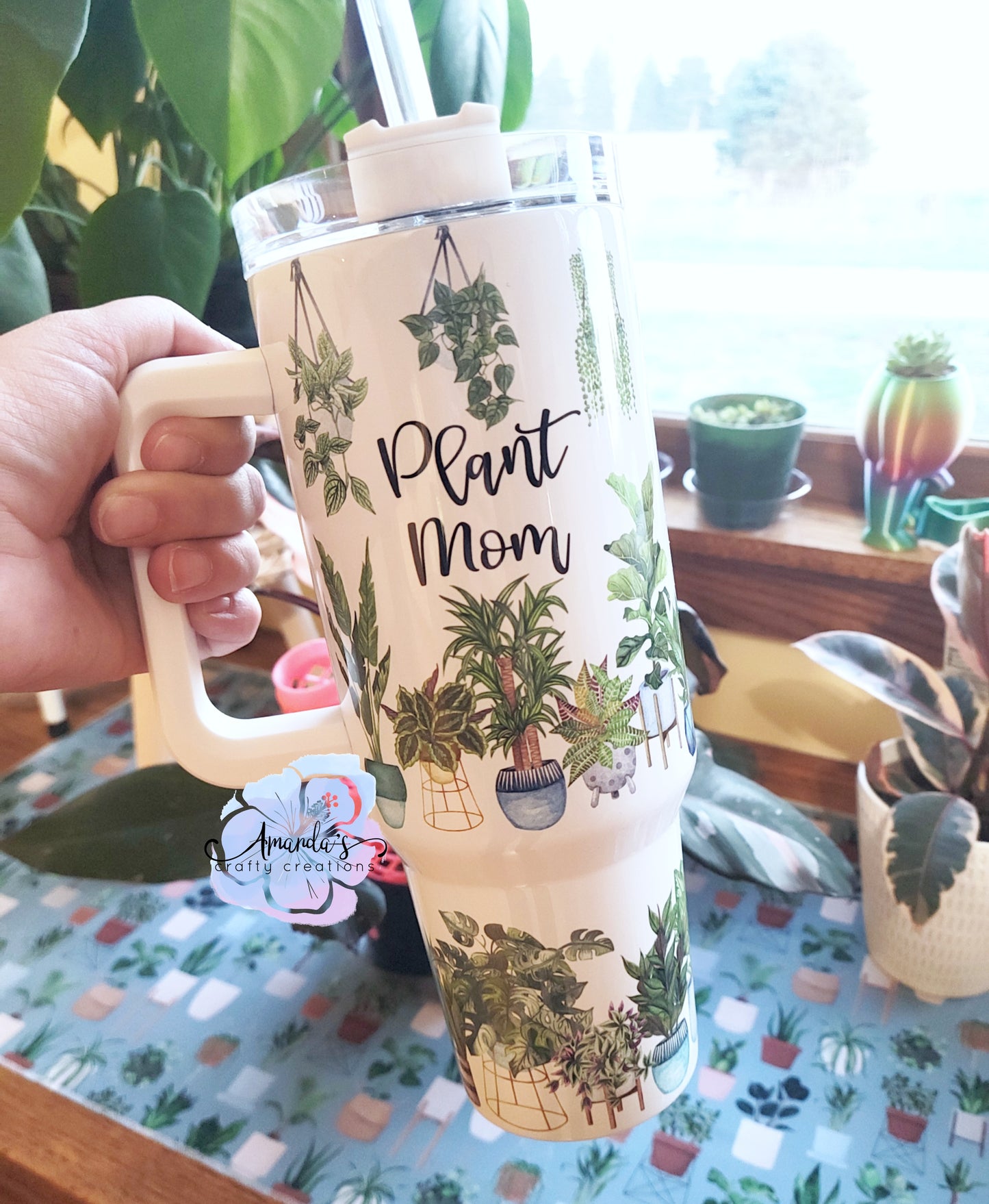 "Plant Mom" tumbler, 40 oz metal tumbler with handle, plant lover, metal tumbler with straw