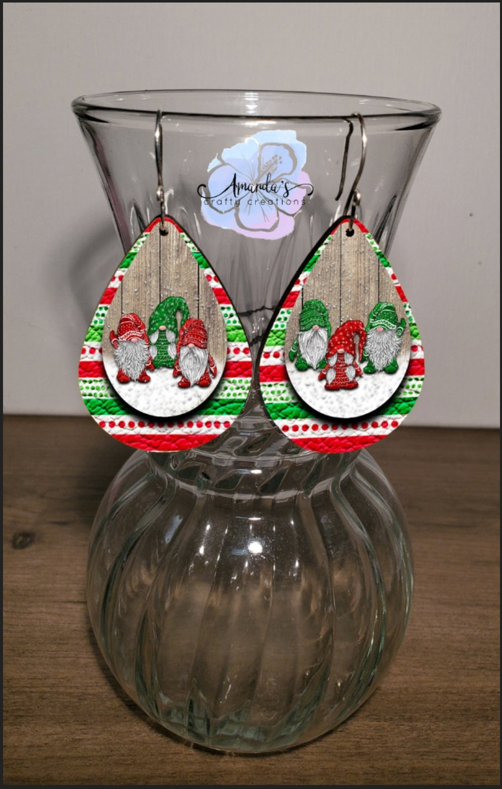 Drop Earrings, Christmas red adn green gnomes