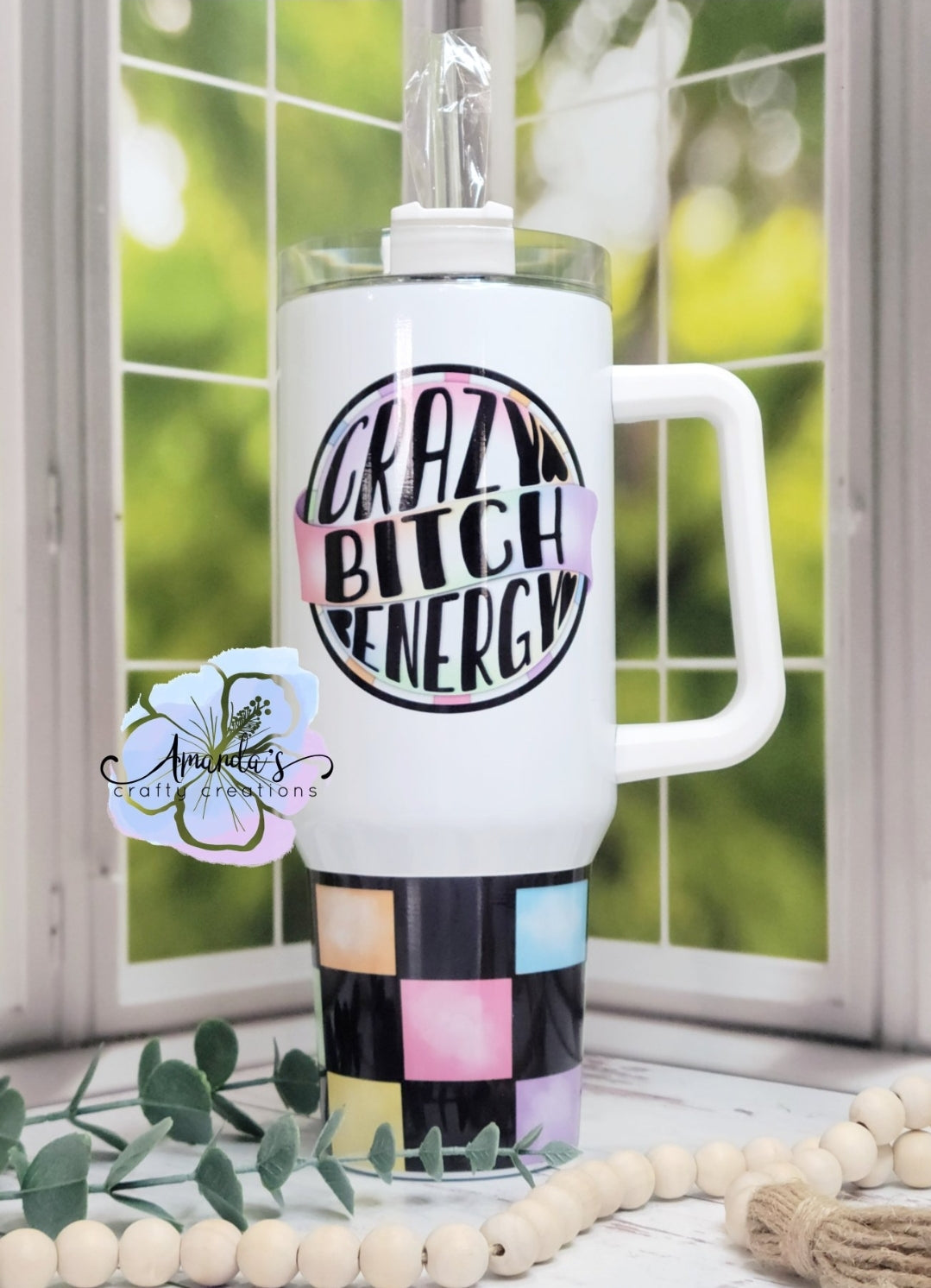 "Crazy Bitch Energy" Tumbler - 40oz Metal Tumbler with Handle, NSFW Design, Metal Tumbler with Straw