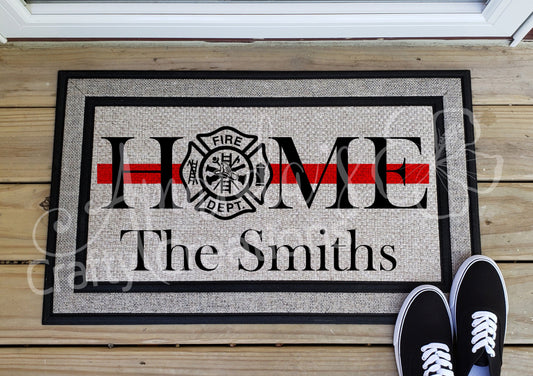 "Thin Red Line" Welcome Mat, Entry Mat, Fireman Home Mat, Home Decor, Door Mat, Fire Department, Personalized, Thin Red Line