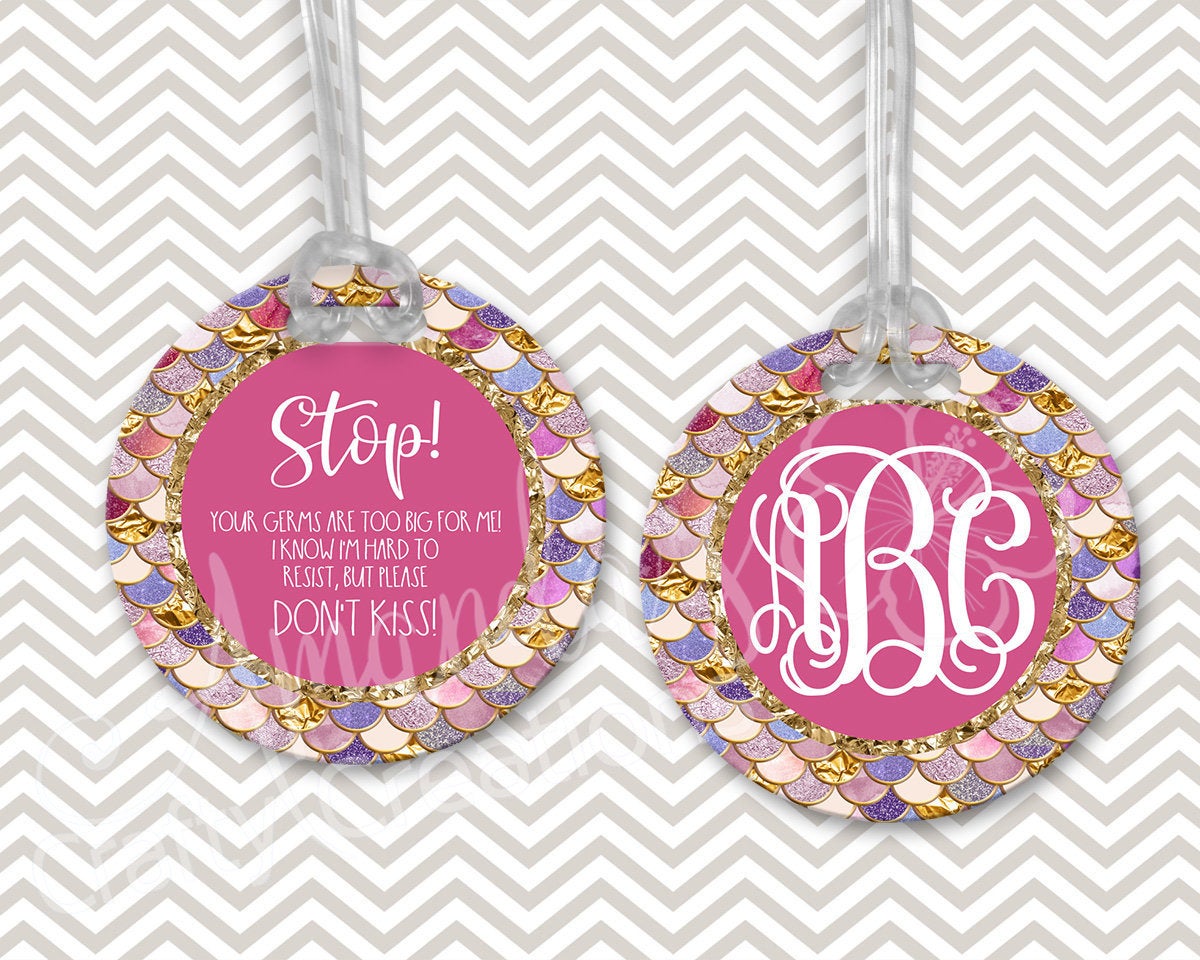 Stop wash your hands before touching and don't kiss the baby stroller tags', pink mermaid scales