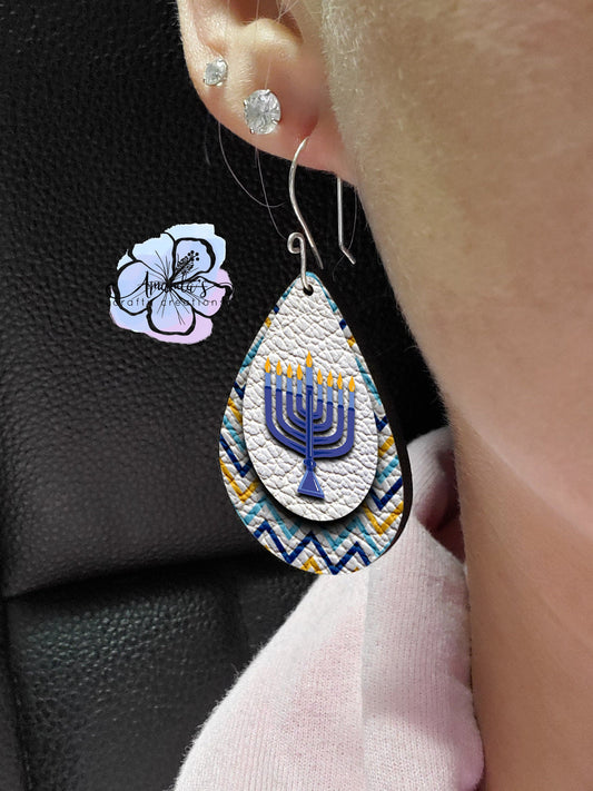 Drop Earrings, Dangle Earrings, Hanukkah Earrings, Menorah Earrings, Leather Texture Earrings, Layered look earrings, Drop earrings jewelry