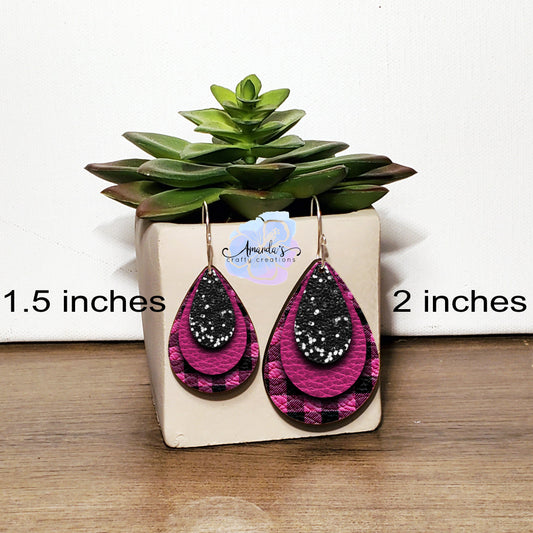 Drop Earrings, Dangle Earrings, Pink Buffalo Plaid, Pink Earrings, Leather Texture Earrings, Holiday Earrings, Drop earrings jewelry