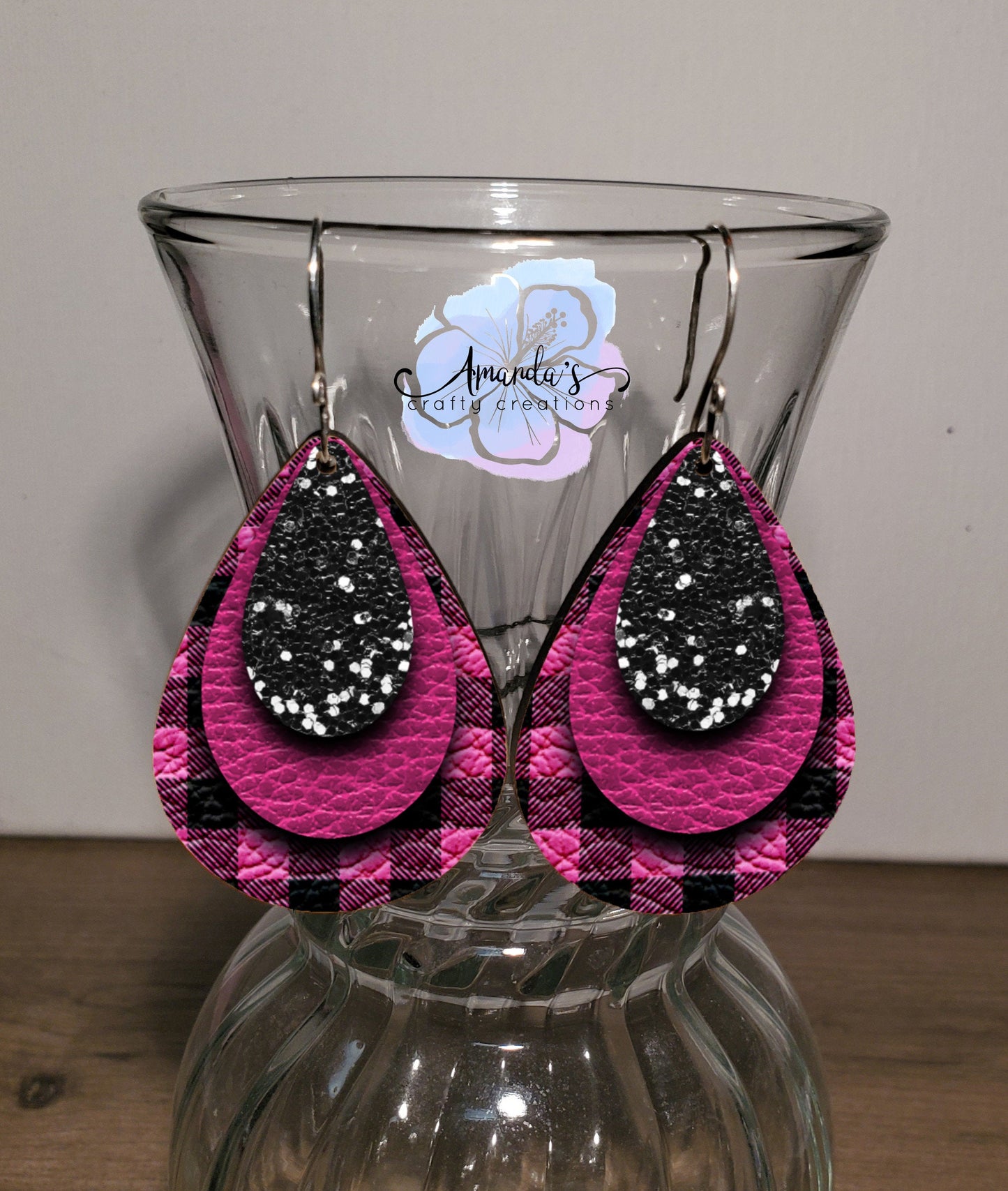 Drop Earrings, black and pink sparkle buffalo plaid