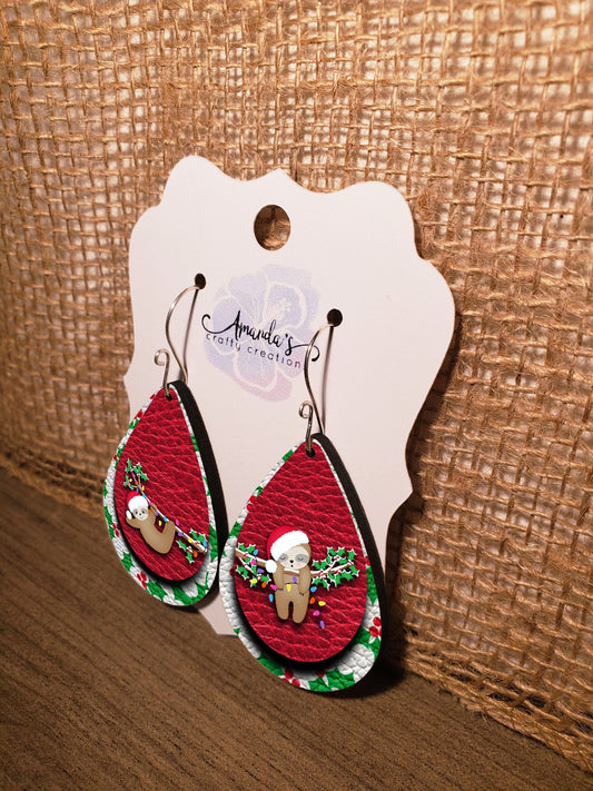 Drop Earrings, Dangle Earrings, Christmas Sloths, Earrings, Leather Texture Earrings, Layered look earrings, Drop earrings jewelry