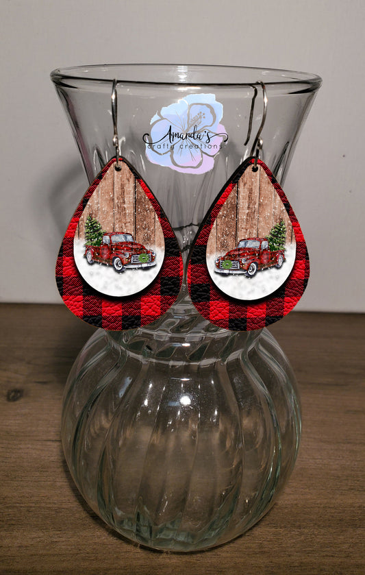 Drop Earrings, Dangle Earrings, Red Truck Earrings, Buffalo Plaid, Xmas, Leather Texture Earrings, Holiday Earrings, Drop earrings jewelry