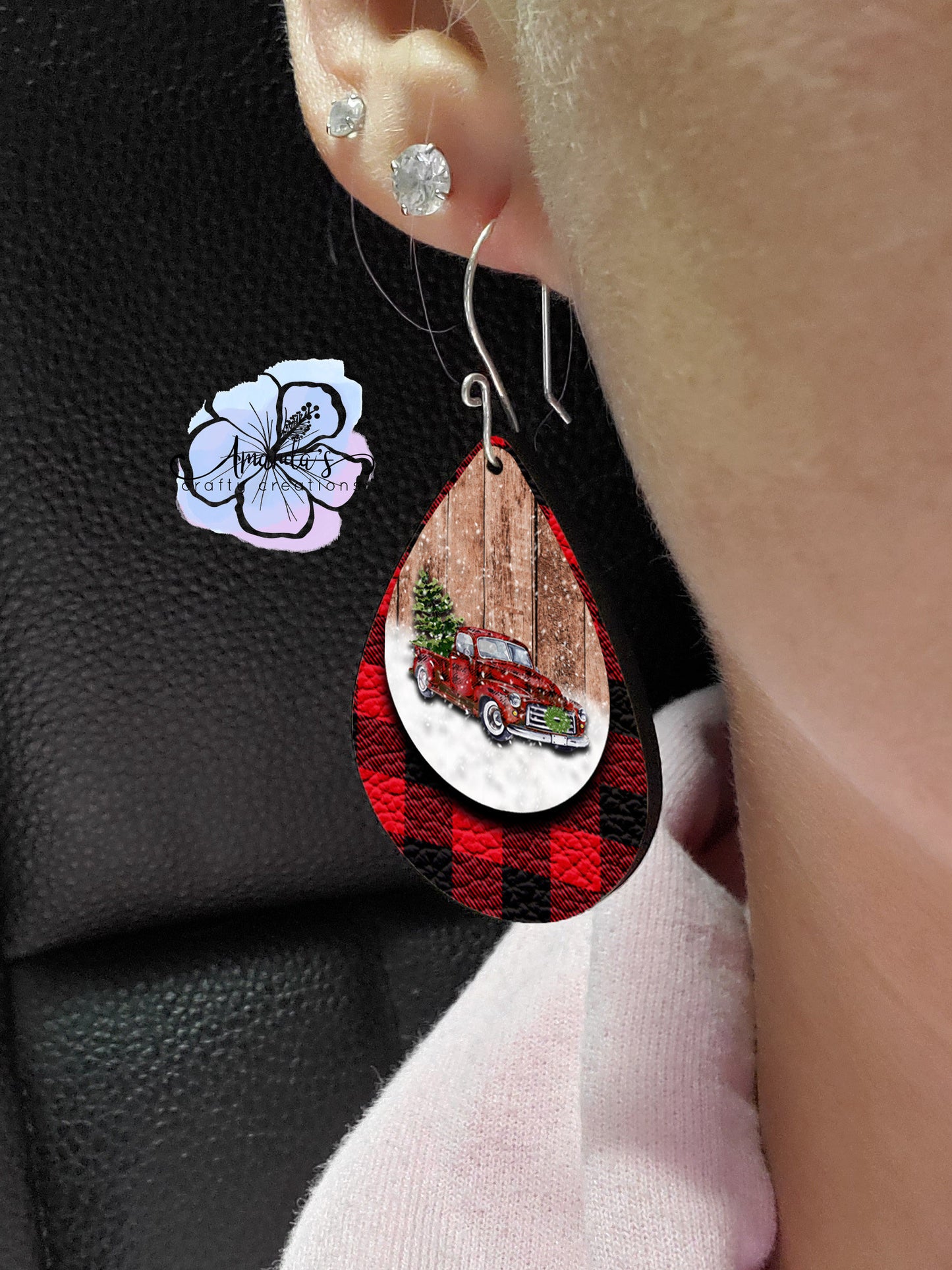 Drop Earrings, Christmas antique truck with snow