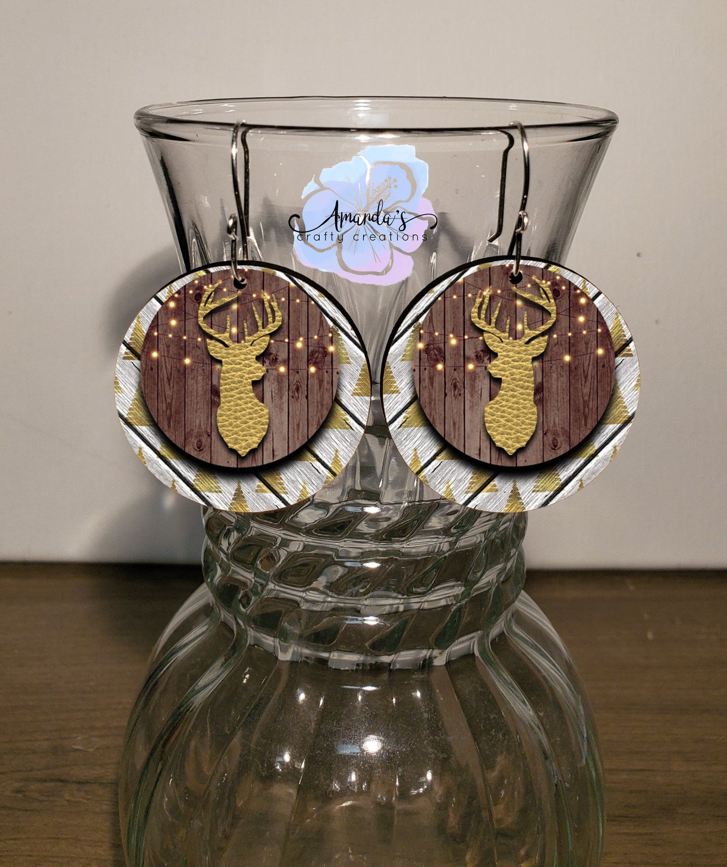 Drop Earrings, Christmas gold trees and deer