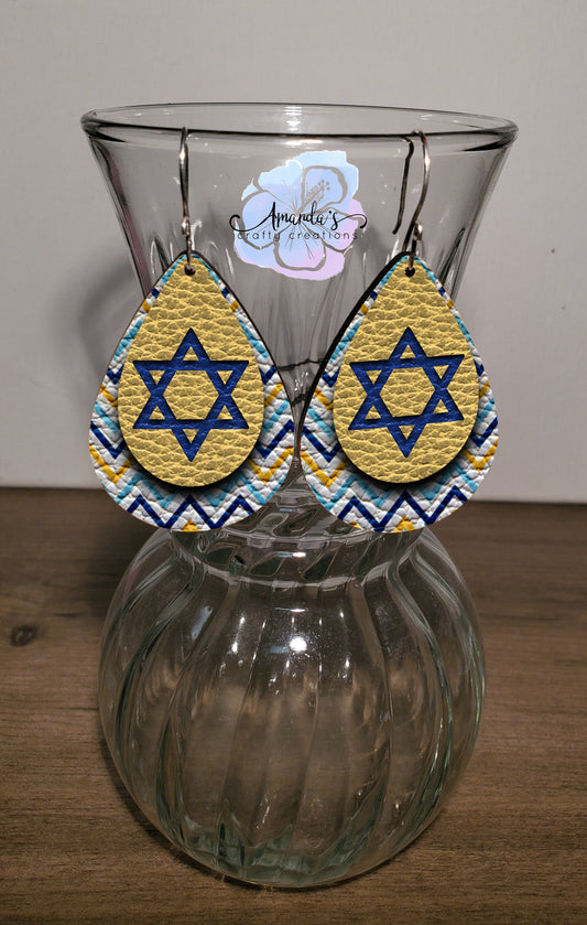 Drop Earrings, Dangle Earrings, Hanukkah Earrings, Star of David, Leather Texture Earrings, Layered look earrings, Drop earrings jewelry