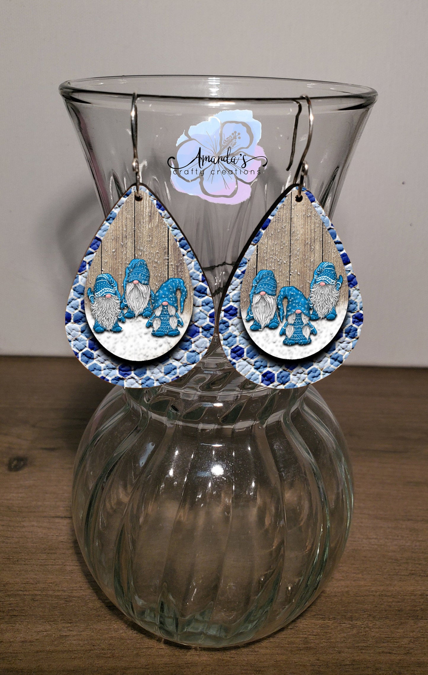 Drop Earrings, blue gnomes in pajamas
