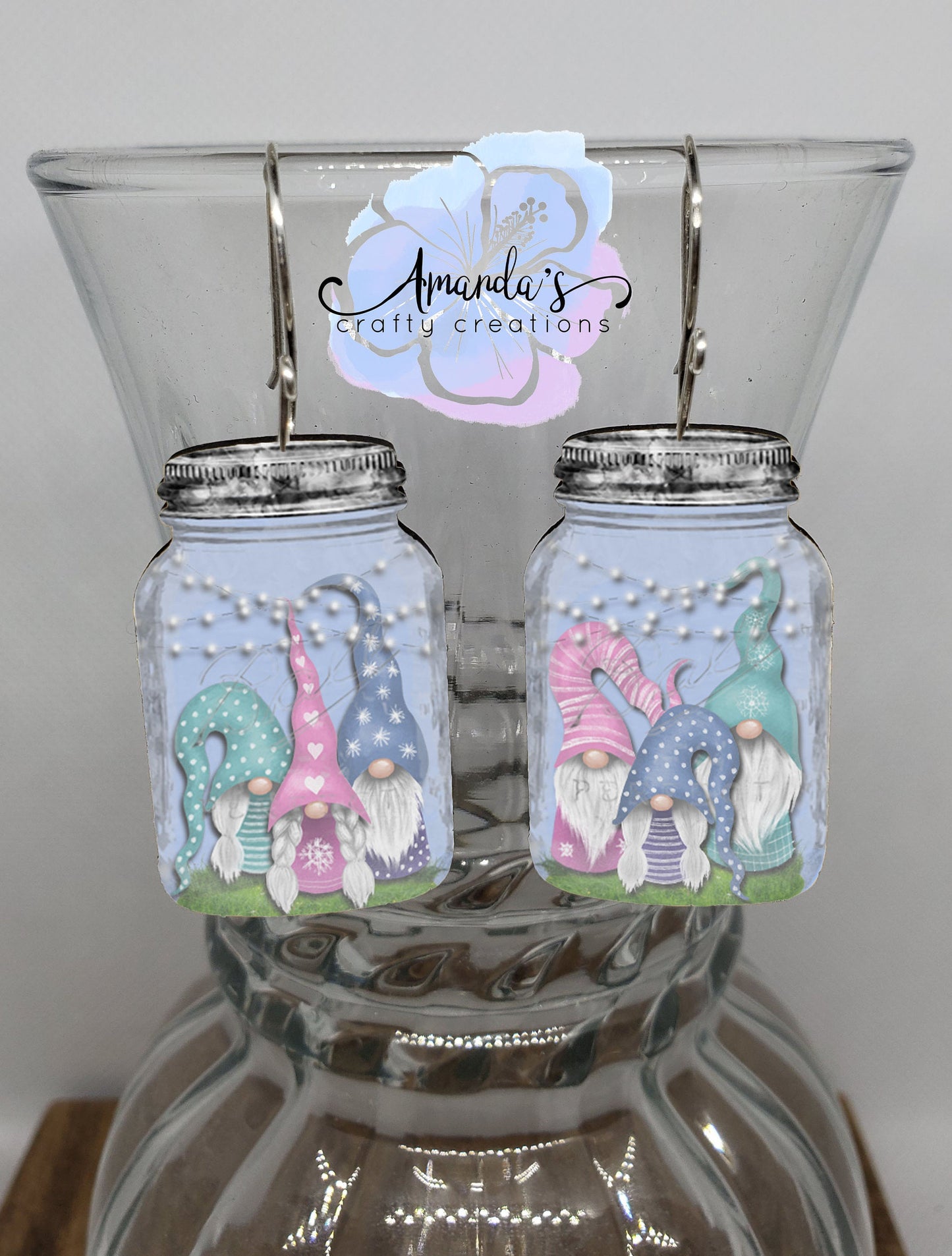 Drop Earrings, mason jar with gnomes in pajamas