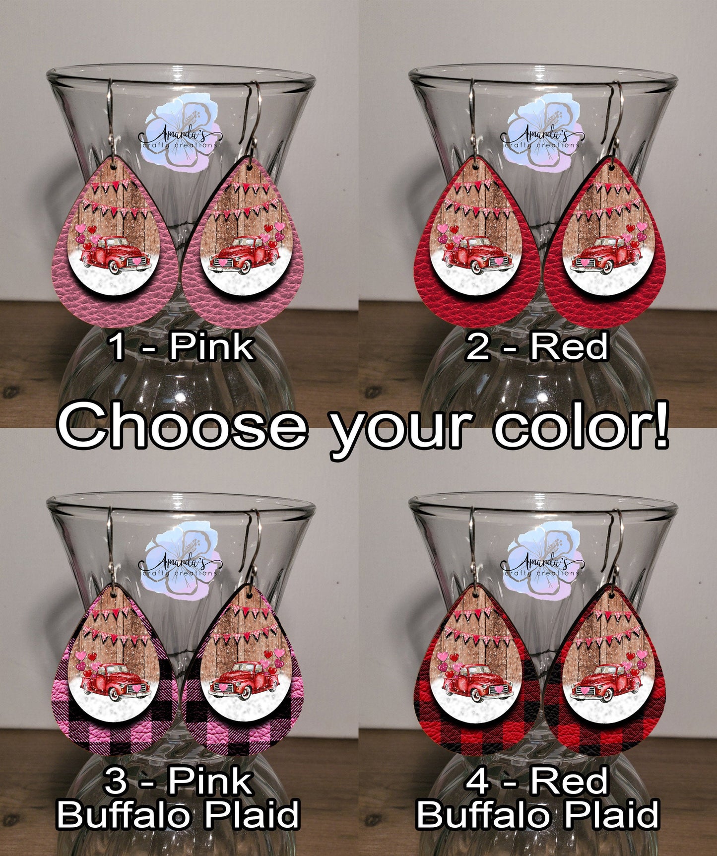 Drop Earrings, Choose your colors. Antique truck Valentine's red, pink, pink buffalo plaid, or red buffalo plaid